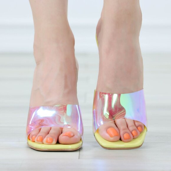 Yellow Iridescent Heeled Mules Open Toe Slip-On Sleek Stiletto Sandals - Picture 11 of 12